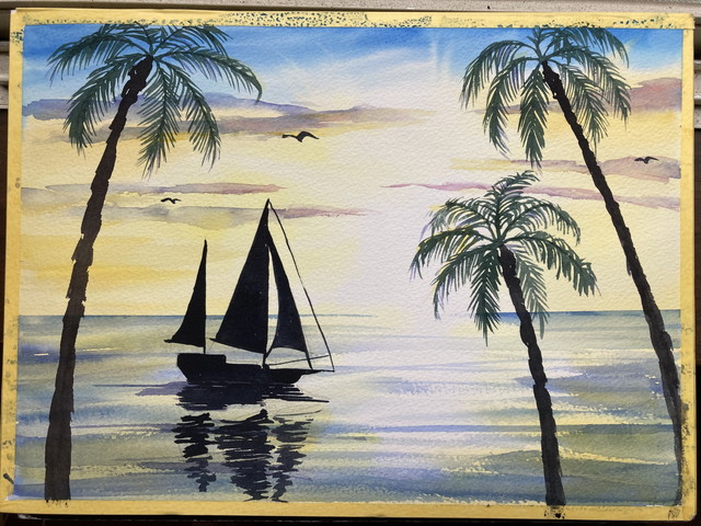 教室の様子「夏の海を描こう」 - Akiko Inoue Watercolor - Atelier ORANGE